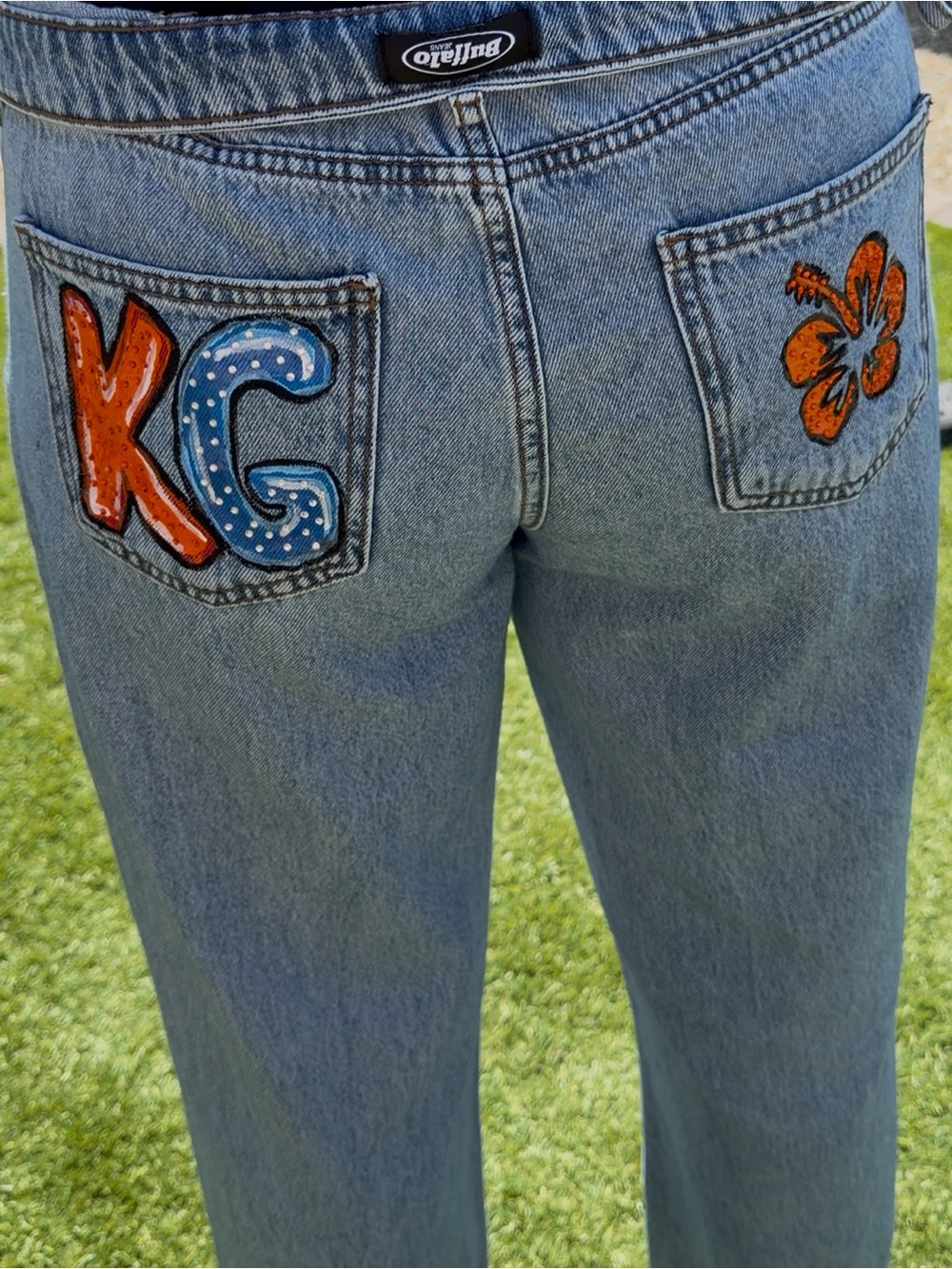 Light Blue handmade Karol G concert Boyfriend Jeans with Orange & Blue Accents
